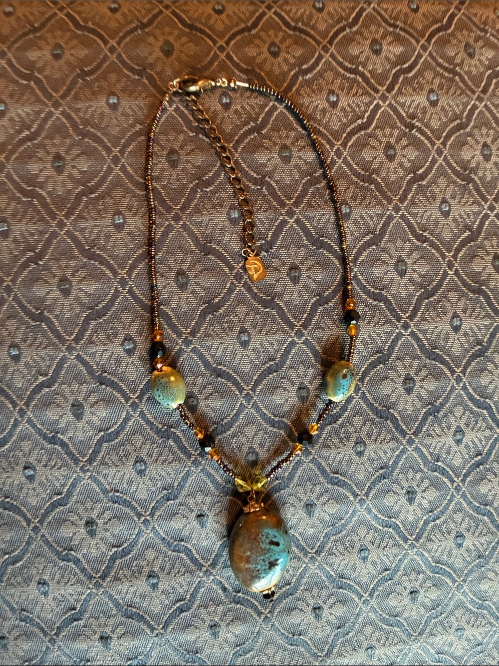 Source Unknown Turquoise and Gold Bead Pendant Necklace
